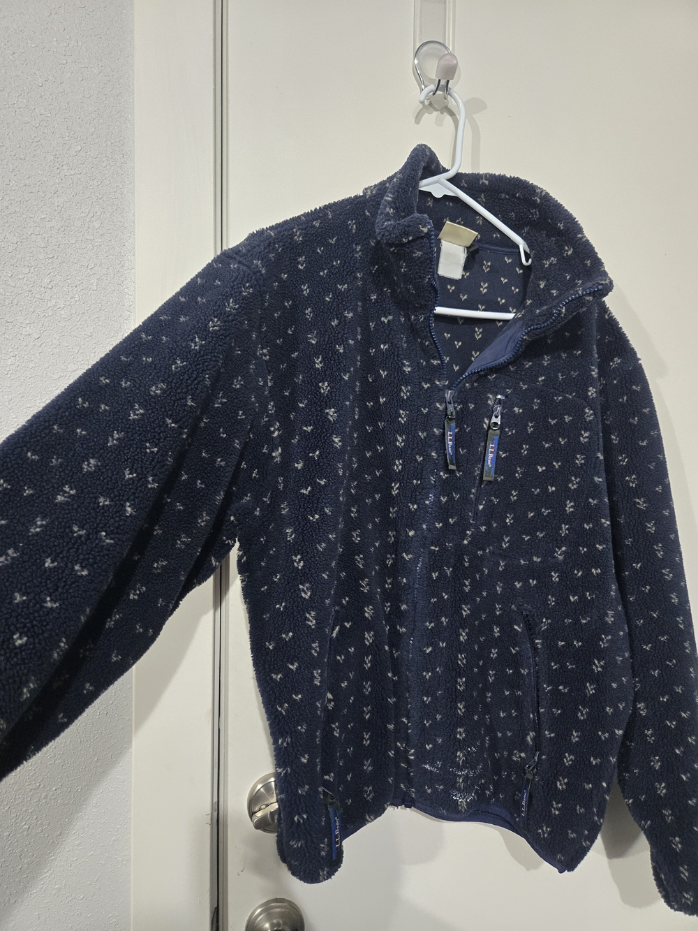 L.L. Bean Navy Blue Fleece with Cream Dot Pattern